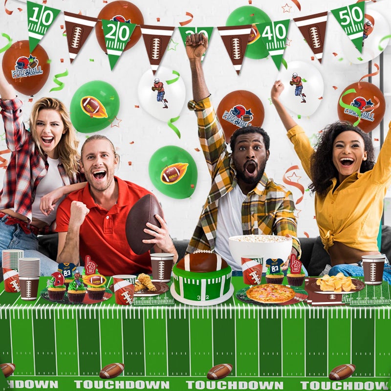 Bolake 140PCS Football Party Supplies Tableware Set Serve 24, Football Birthday Party Decorations Includes Plates Napkins Cups Banner Balloons Cake ToppersTablecloth for Football Themed Party Supplies - Image 4